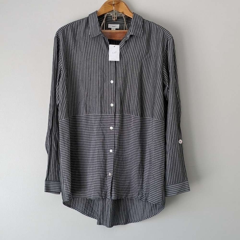J. Jill Tunic Shirt Women's Medium T Gray White Stripe Button Up Collar New
